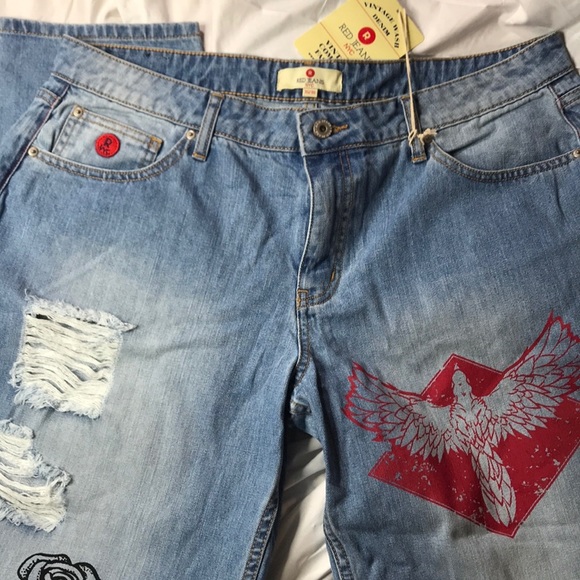 VINTAGE WASH RED Jeans NYC Distressed Boyfriend - Picture 5 of 9